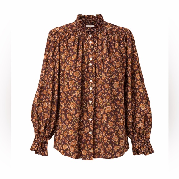 Doen Tops - Doen Brown Floral Ruffle-Neck Button Front Blouse